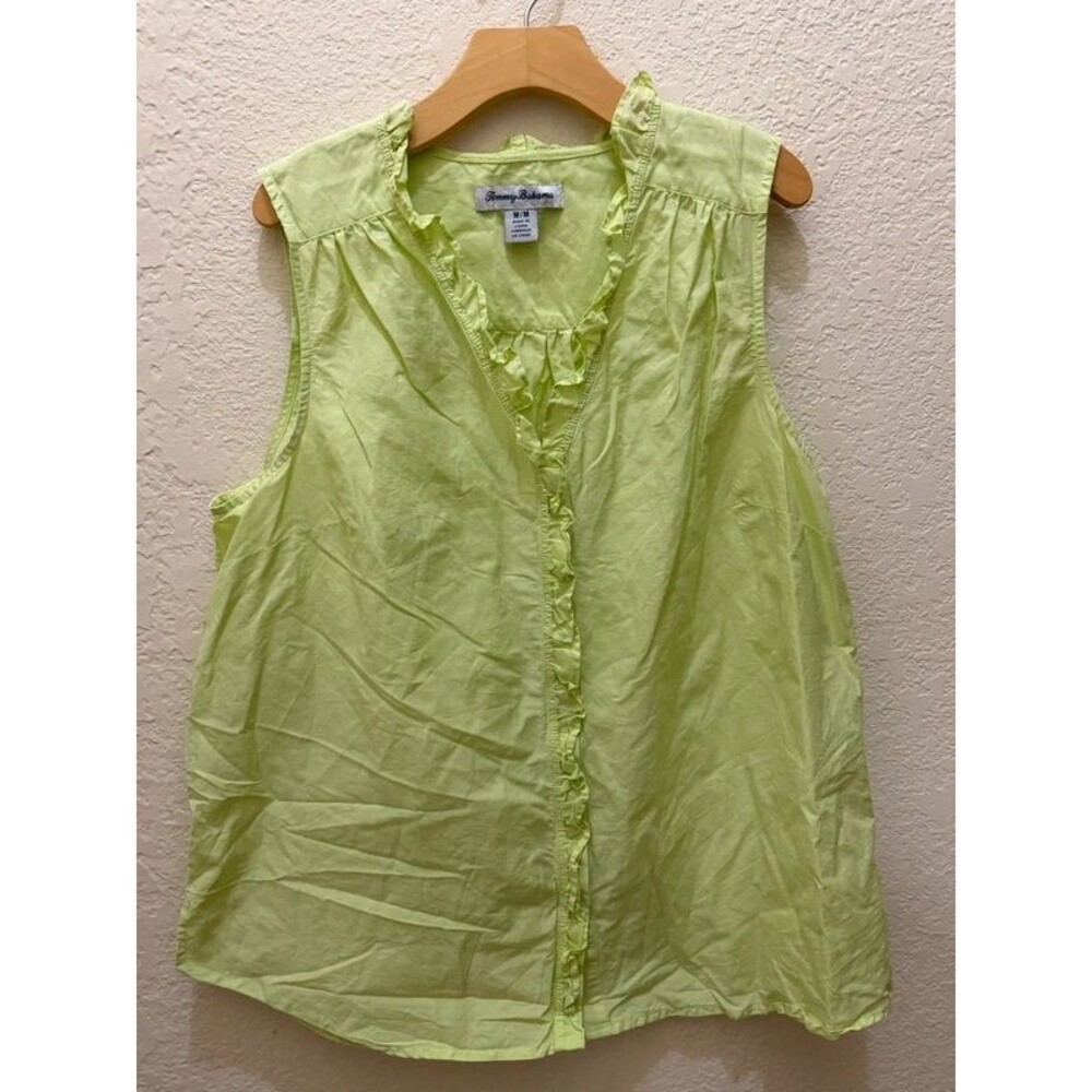 Tommy Bahama Bright Lime Green Ruffled V-Neck Sleeveless Shell Top Size M